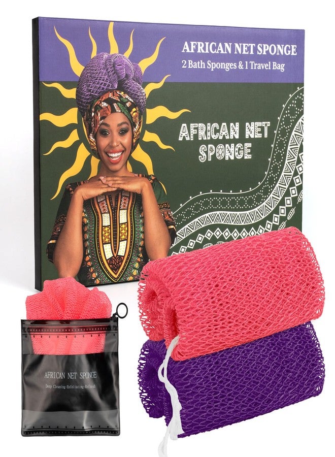 Bathway African Net Sponge Authentic with Handles (Set of 2), African Exfoliating Net Sponge, Exfoliating Body Scrubber Bath Sponge - Bathing Accessories with Storage Bag (Purple & Rose) - Image 1
